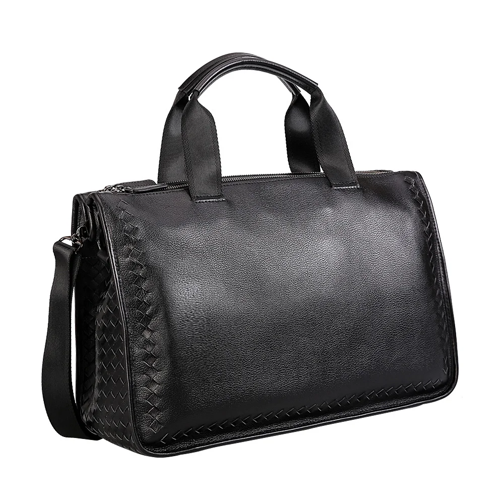 

Trendy Custom Black Genuine Leather Laptop HandBag Real Weave Soft Leather Laptop Business Bag