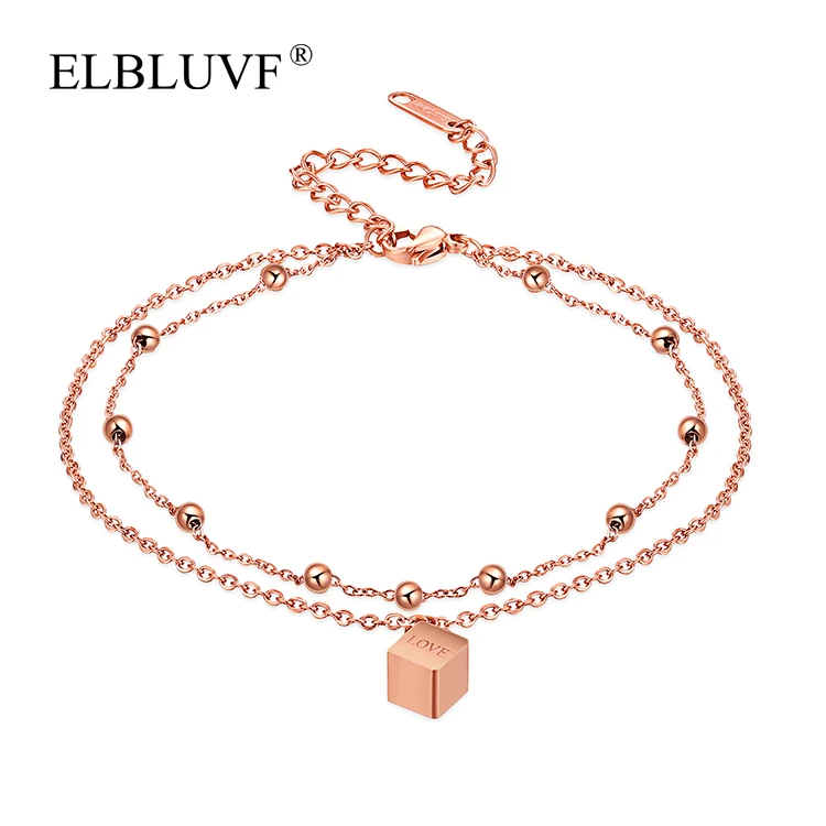 

ELBLUVF Free Shipping Stainless Steel Jewelry Rose Gold Plated Square Shape Pendant Ball Double Chain Anklet