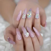 

3D Luxury Nails Pink Marble Extra Long Stiletto Press On Fingernails Lucky Running Bead Crystal Custom False Nails with Adhesive