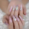 3D Luxury Nails Pink Marble Extra Long Stiletto Press On Fingernails Lucky Running Bead Crystal Custom False Nails with Adhesive