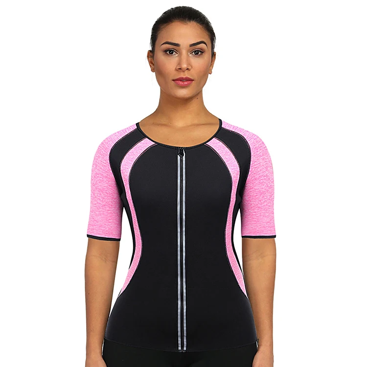 

Women Body Shaper Waist Trainer Weight Loss Sauna Tank Top Neoprene Slimming Short Sleeve T Shirt, As shown;custom is ok.