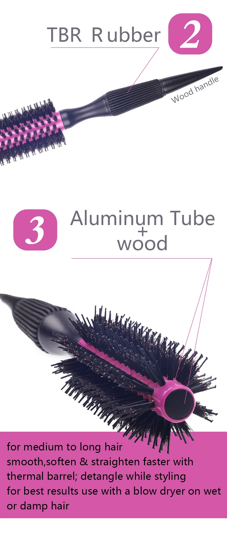 EUREKA Professional Aluminum Tube Boar Bristle Round Brush Styling Brush Wooden Hair Brush