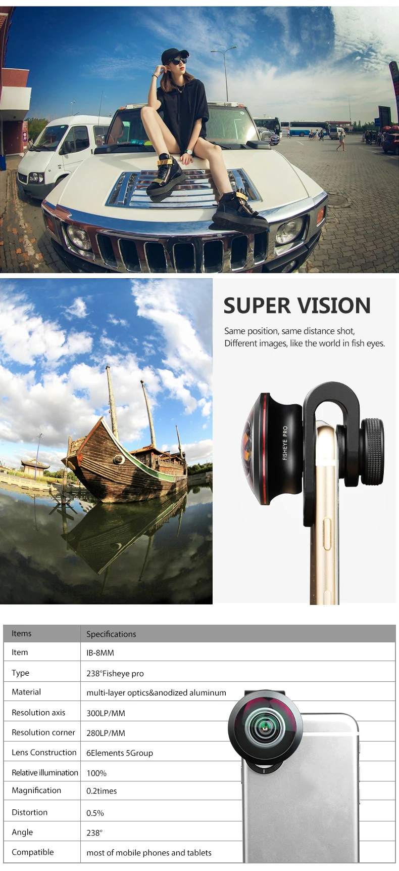 IBOOLO 2018 New designed mobile phone camera full screen professional HD 4K 238 degree 8MM PRO super fisheye lens