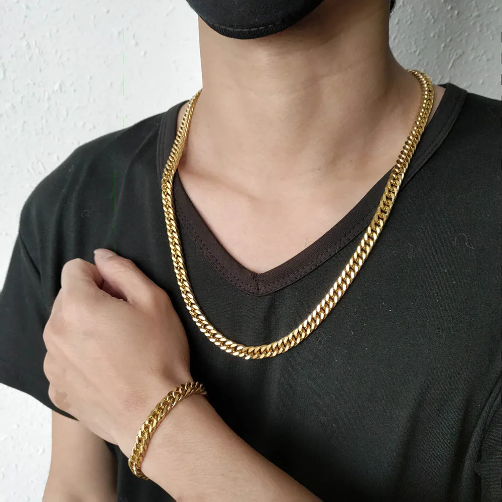

Man Fashion Jewelry Stainless Steel Gold Plated Male 7mm Link Chain Necklace & Bracelet With No Charms Wholesale, Golden