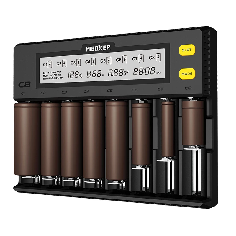 

New Products MiBoxer DC12V 3A 8 Slots Smart C8 Charger LCD Display AA Li-ion Ni-Mh Rechargeable Battery Charger for battery cell, Black