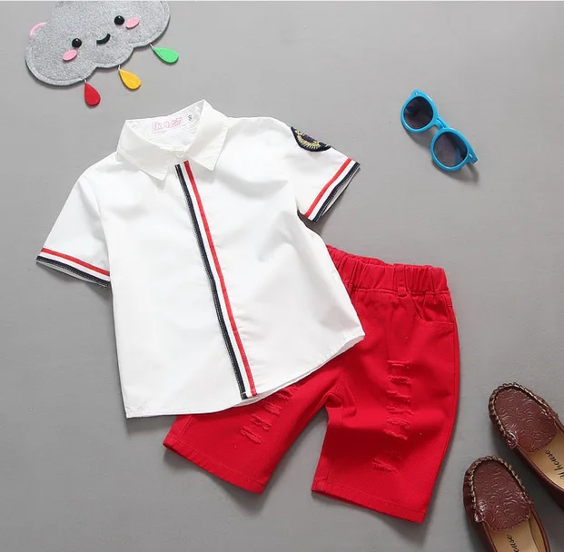 

2021 summer new child Korean clothes the red hocked short-sleeved shirt+red worn shorts spot Kids clothes boys clothing