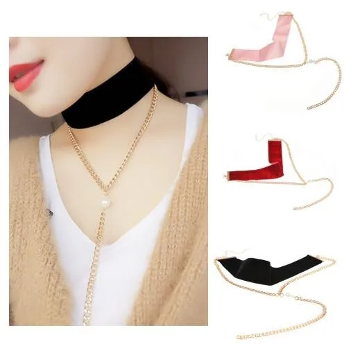 

Fashion Plain Velvet Choker Wide Gothic Metal Chain Pendant Necklace