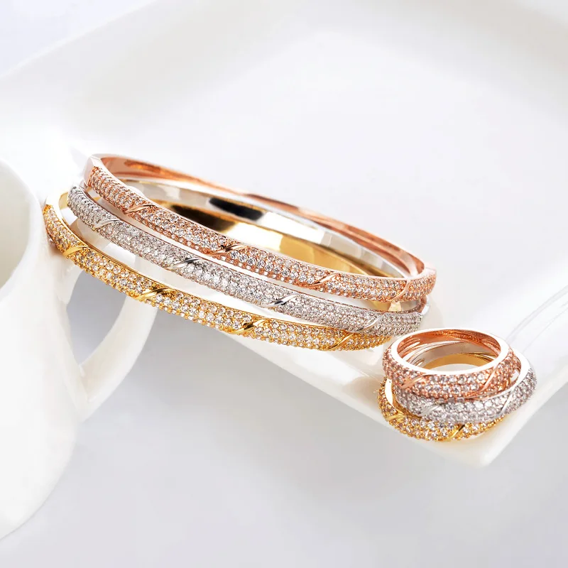 

High Quality Jewelry Set Bangles Set and Rings Set of 3 Copper AAA Cubic Zircon Micro Setting 3 Tone Plated Women Jewelry