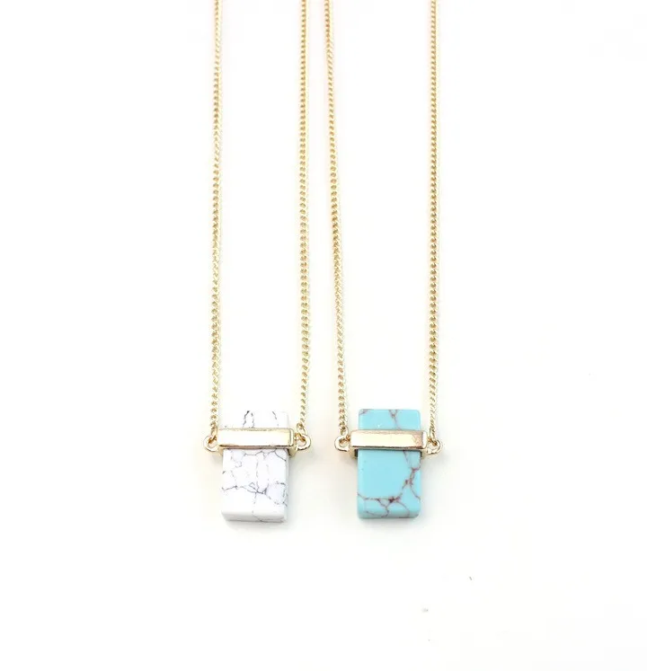 

Cheap natural stone geometric rectangles blue turquoise white turquoise pendant thin chain necklace, Picture