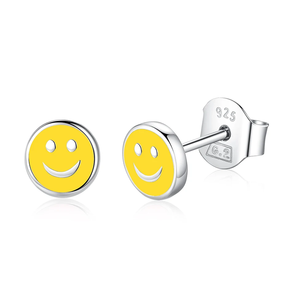 

Lovely 925 Sterling Silver Stud Earrings Yellow Enamel Smile Face Earrings Silver Jewelry Accessories For women