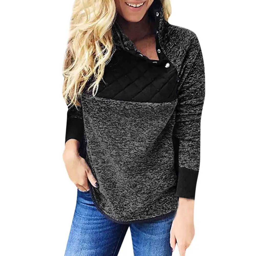 KaiCran Womens Warm Long Sleeves Button High Collar Solid Pullover Coat Sweatshirts with Pocket S-5XL