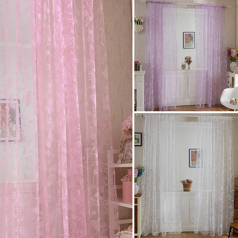 

Door Drape Panel Scarf Sheer Voile Butterfly Flocked Yarn Window Curtain Decal