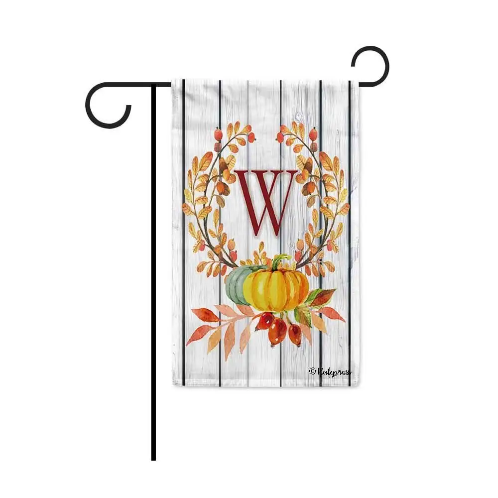 Kafepross Tree Leaves Wreath Fall Monogram W Decorative Garden Flag Harvest Pumpkin Autumn Initial Letter Decor Banner for Outside 12.5"X18" Print Both Size