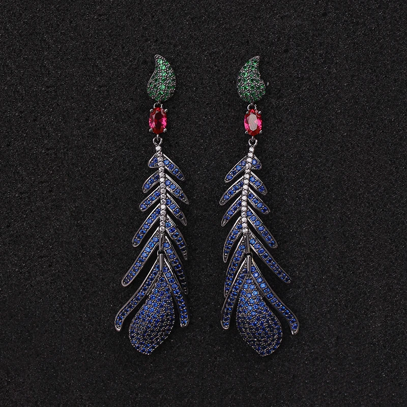 

New Brand Designer High Quality Luxury Pave Multicolor Blue Zircon Long Feather Shape Earrings for Women, Blue , white