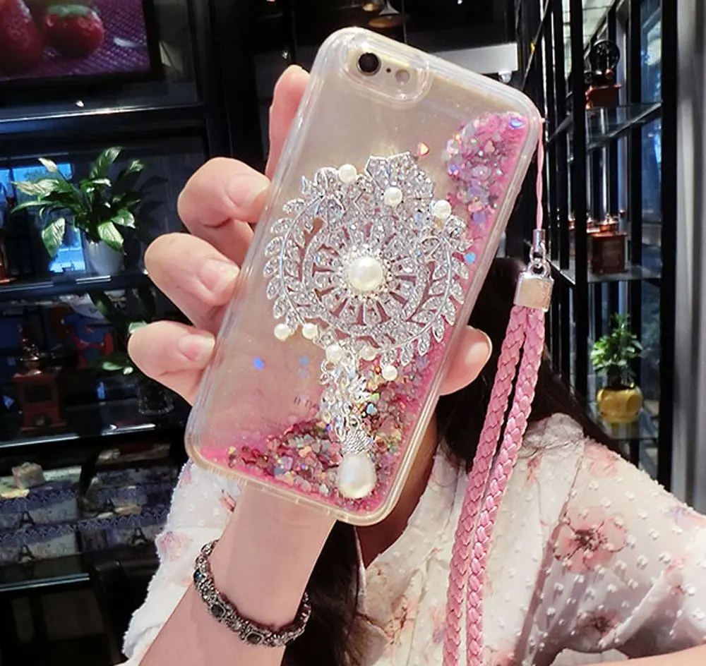 

Quicksand Flowing Floating Bling Glitter with Henna Mandala Floral Dream Catcher Clear Case Cover for iPhone 11 6S 7 PLUS