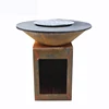 Rusty BBQ fire pit with cooking edge and wood storage