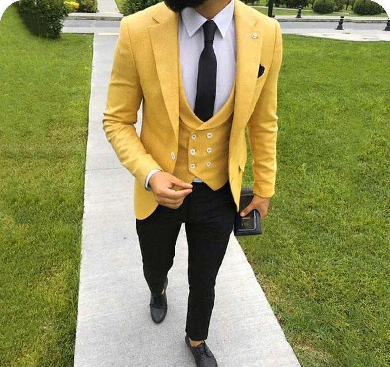 

Custom Made Yellow Men Suits for Wedding Notched Lapel Slim Fit Groom Tuxedo Groomsmen Suit Bridegroom Blazer Costume Homme, White black