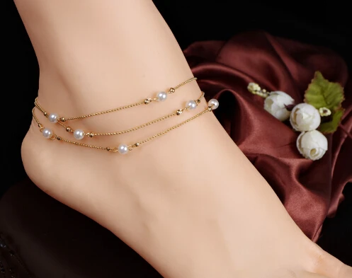 

Fashion Womens multi layers Pearl Bead Gold Plated Bracelet Foot Chain Jewelry Anklet, As photo show