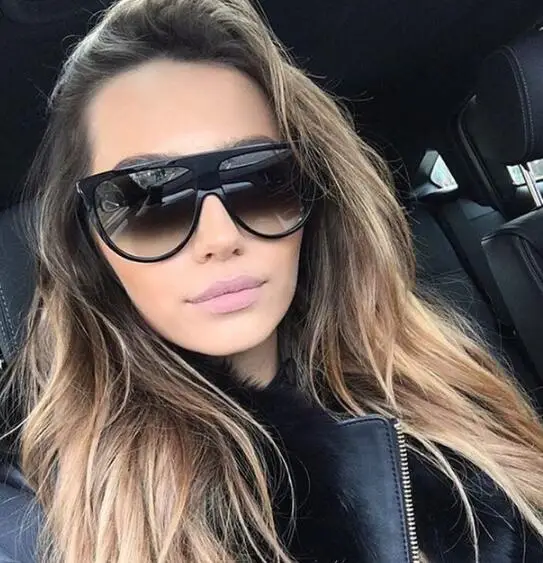 Queena woman vintage retro flat top Thin Shadow sun glasses square Pilot luxury designer large black shades