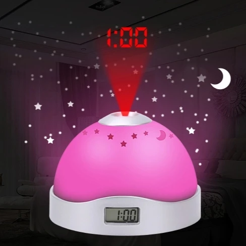 

Bulk colorful star sky analog laser projection alarm clock for kids, mini super bright LCD digital projector clock, Light brown/dark brown