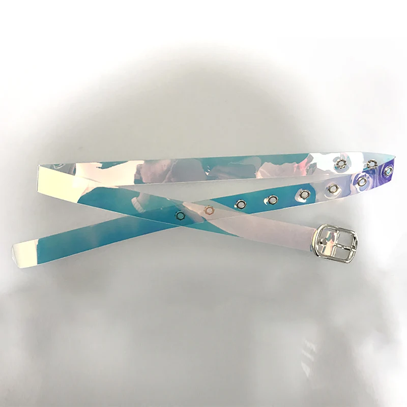 
factory new designer fashion transparent PVC woman belt reflectcolorful shiny slimming thin belt plastic women jeans belt custom 