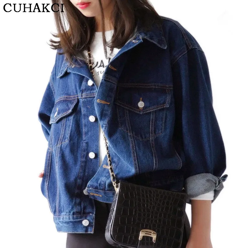 

CUHAKCI Women Autumn Vintage Tops Nostalgic Denim Jacket Loose Blue Coat Fashion Style Female Short Women Clothes, Dark blue