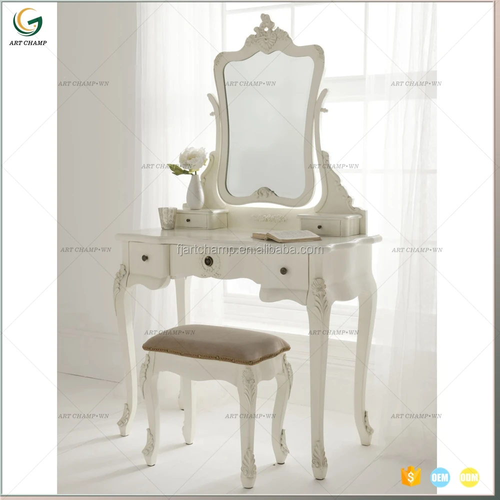French Style Retro White Carved Dresser With Mirror And Lights Product On