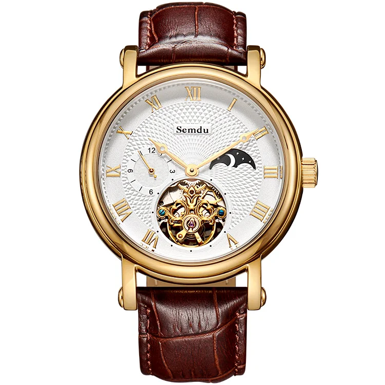 

2019 new Ready to ship skeleton Design dual time moon phase men Automatic movement Watch, Gold plated/ rose gold plated/ silver