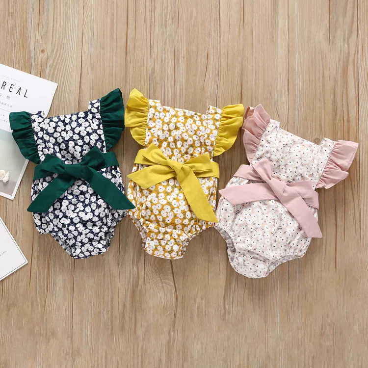 

Flower Flutter Sleeve Romper Baby Clothes With Bowknot Belt M90355
