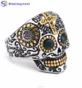 Titanium Jewelry Two Tones Gold Cross Stain Finish Skull Ring with Agate Stone