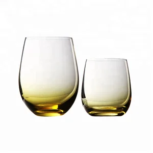 Image of Hand Painted Crystal Industry Spray Yellow Colored Stemless Wine Glasses