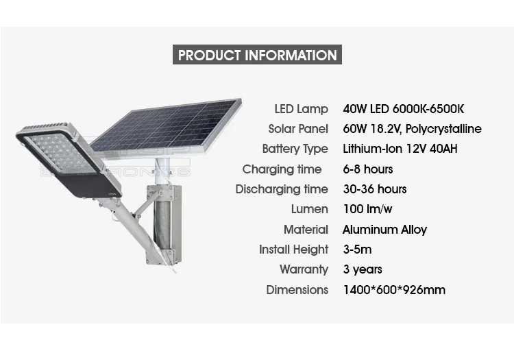 high power waterproof integrated aluminum 40w solar led street light