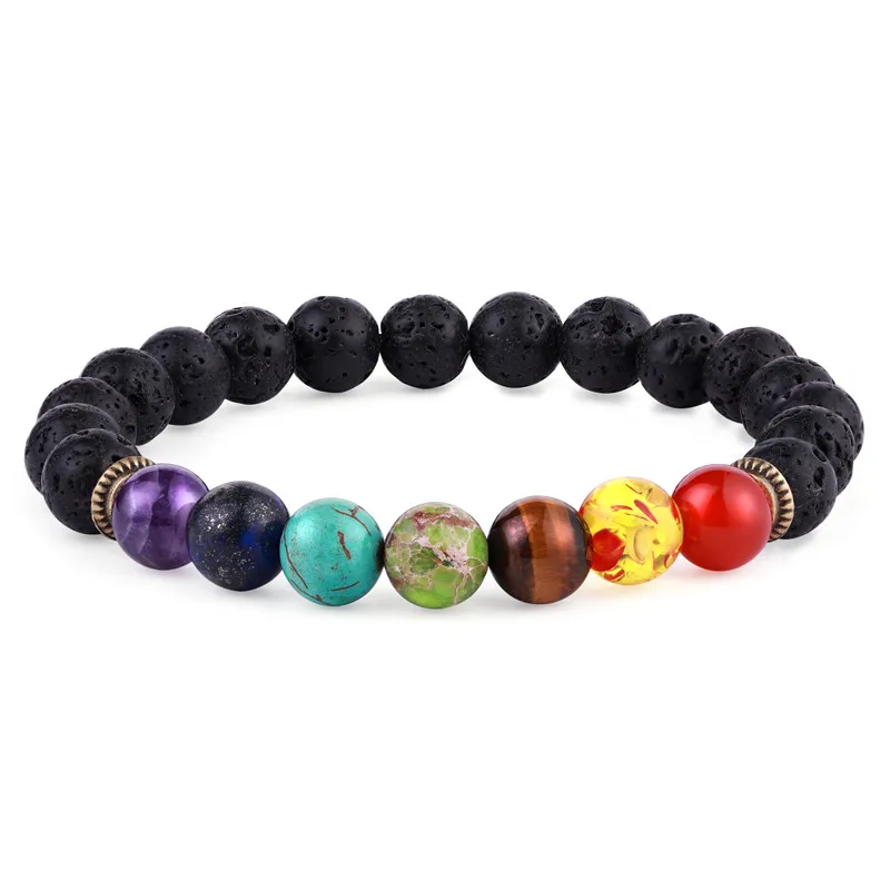 

Fast Shipping 1pcs Moq Dropshipping Women Men's Black Lava Rock 7 Chakra Stone Beads Elastic Bracelets