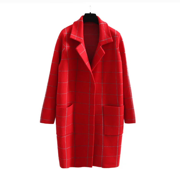 

Latest notch lapel red plaid design long style cashmere blazer jacket women thick long cardigan sweater, Gray/red/navy or customized