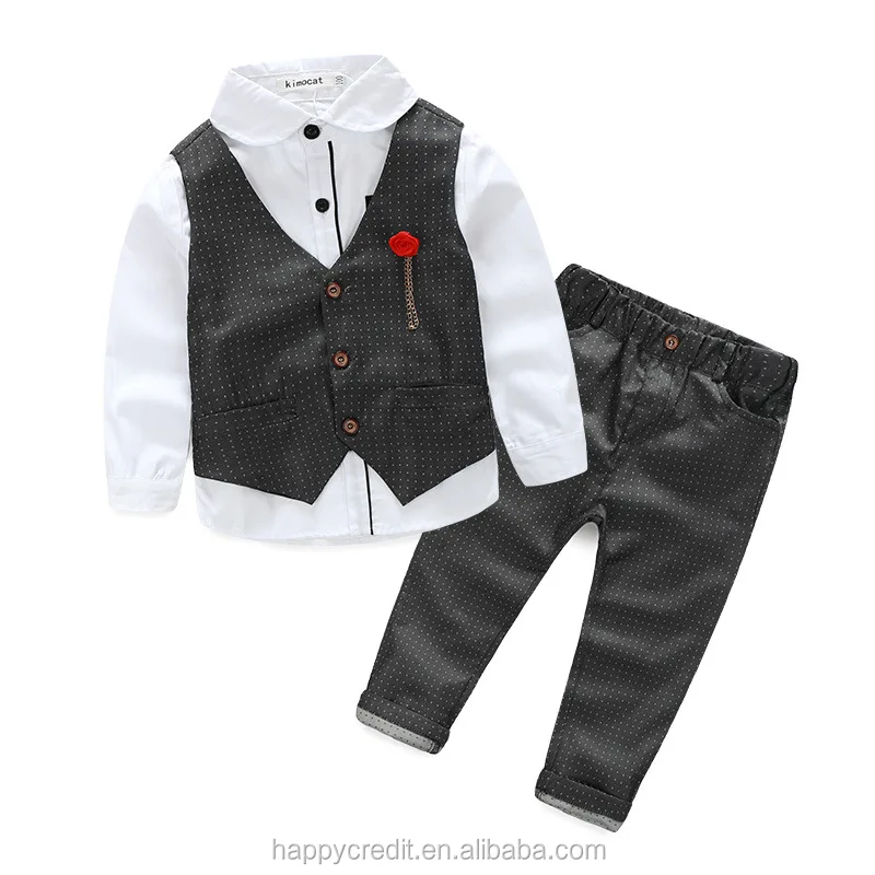 

Cheap Wholesale Shirt Pants Vest Set Baby Boys Wedding 3 Piece Suit with Rose