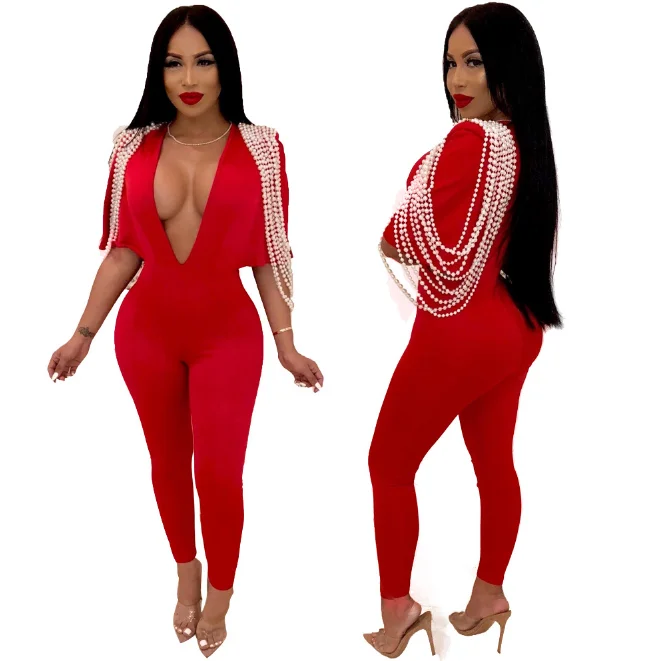 

QF0239 2019 women's sexy V-neck hanging beads casual jumpsuit