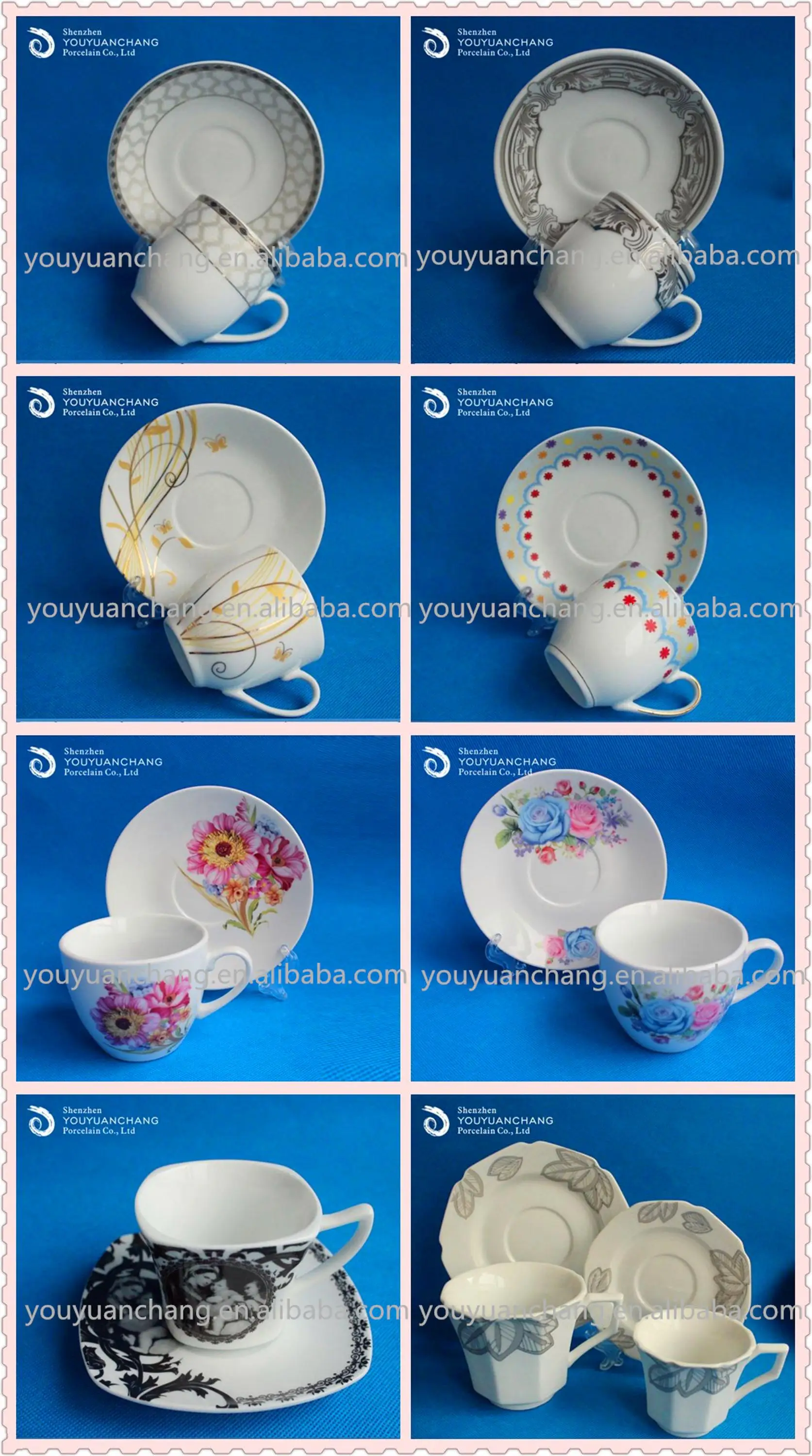 european design ceramic cup and saucer with colourful decal