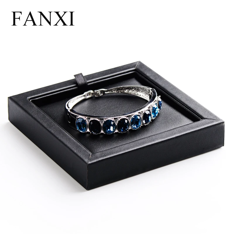 

FANXI Custom Logo Exquisite Cabinet Shop Counter Exhibitor Jewelry Bangle Pendant Holder Tray Black PU Leather Bracelet Display, N/a