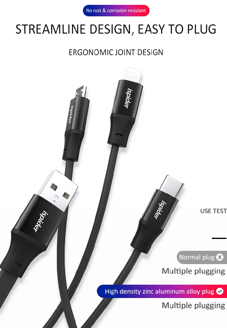 ispider Hot Sale Multi Charging USB Data Cable 3 In 1 for Iphone & Micro Usb & Type c USB Cable