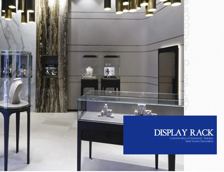 Modern luxury metal steel jewellery display showcase custom jewelry counter designs perfume display stands for shop