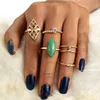 New Fashion 5pcs/Set Vintage Rings Green Faux Stone Gold Color Rings Set Women Beach Rings Boho Jewelry
