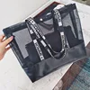 New Style Summer Nylon Mesh Hand bag and purse sets mesh Beach Bag with printed handle