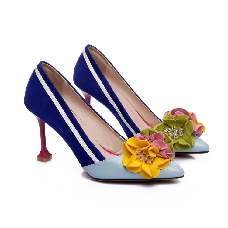 

ladies fashion pointed toe flower shoes sexy women high heels shoes pumps, Blue