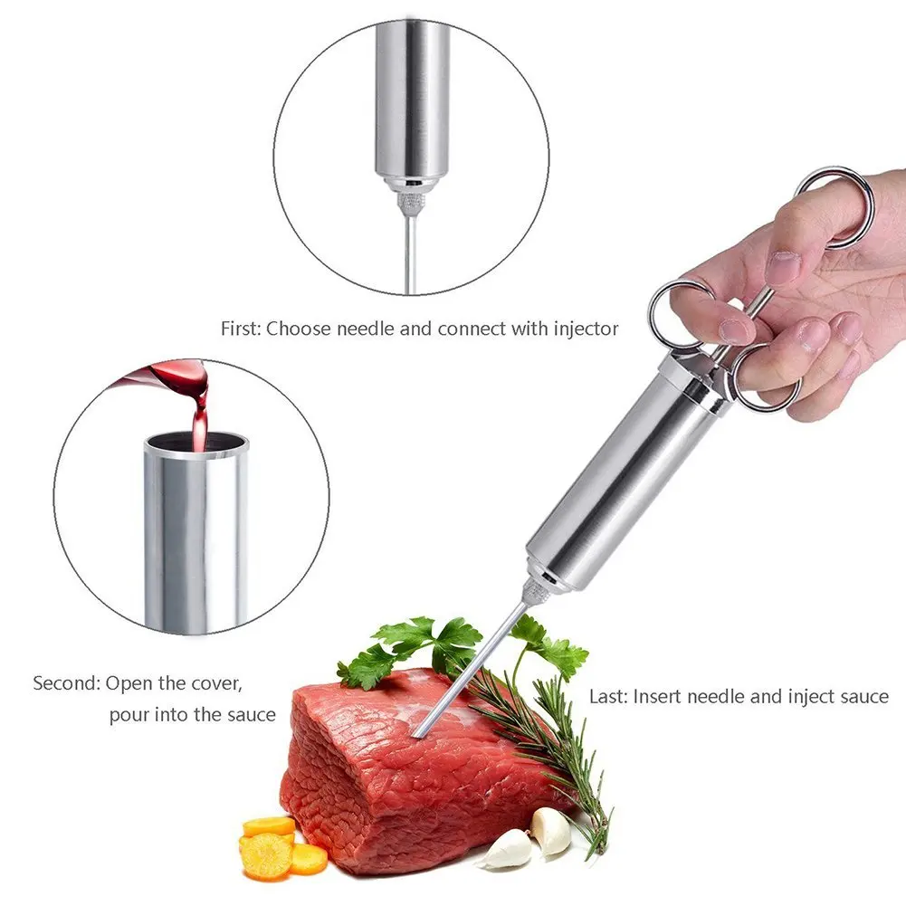 2 Needles Stainless Steel Meat Marinade Injector with Measurement BBQ Grill NEW