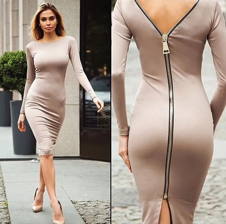 

Bodycon Sheath Dress Little Black Long Sleeve Party Dresses Women Back Full Zipper Robe Sexy Femme Pencil Tight Dress, As the pictures shown