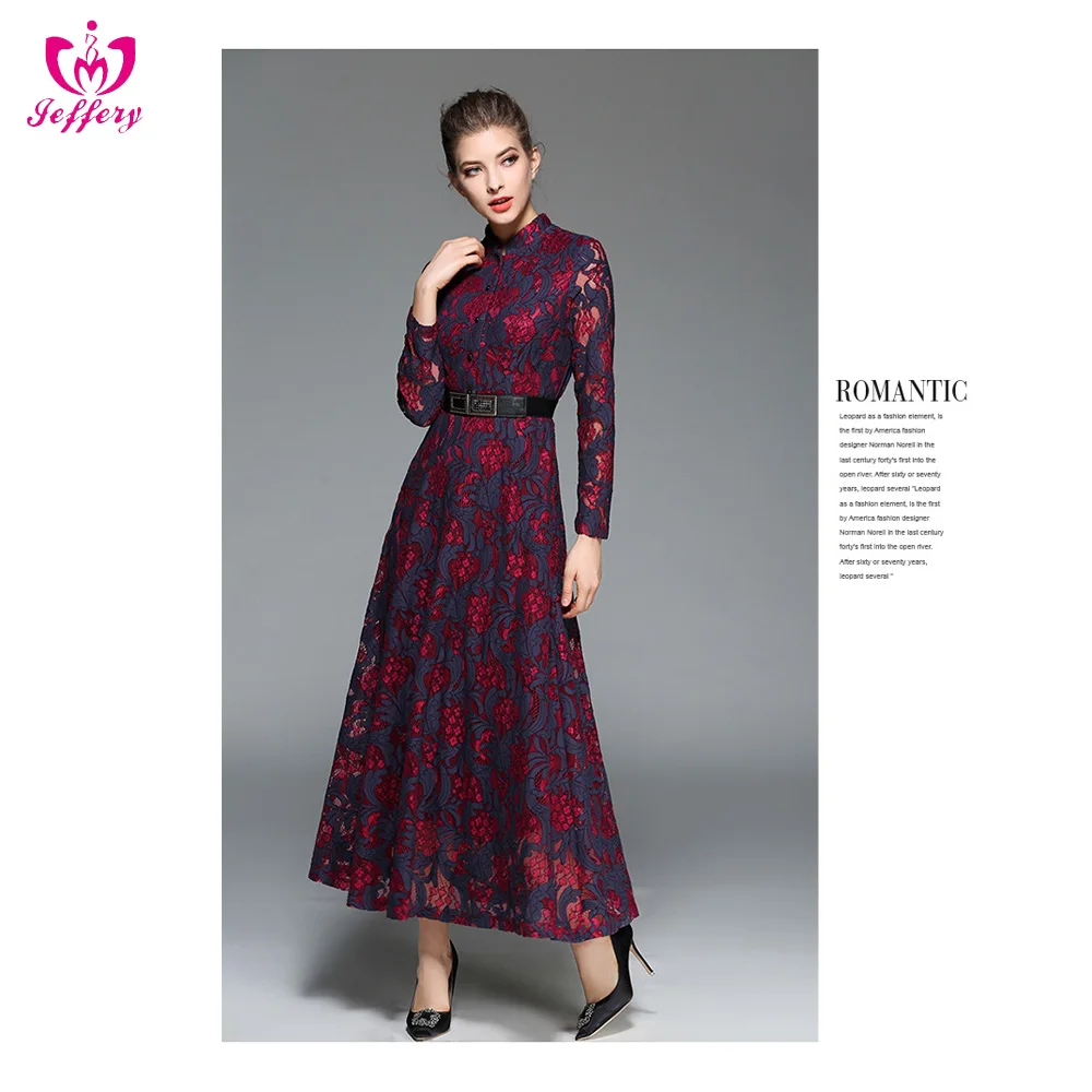 

OEM red and blue lace embroidered dress long sleeves slim fit dress for ladies k1040, As pic