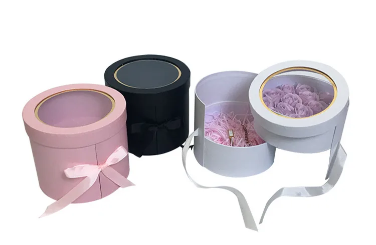 Customized double layer gift round flower box with transparent PVC lid.jpg