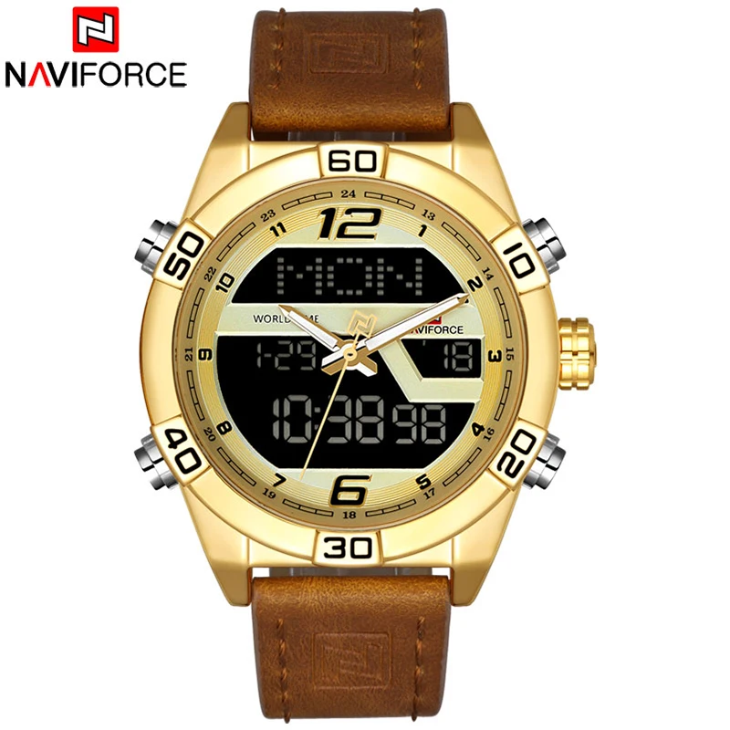 

Original Brand Relojes Hombre Sport Watch Leather Dual Time Quartz Digital Led Clock Waterproof Naviforce 9128 Mens Luxury Watch