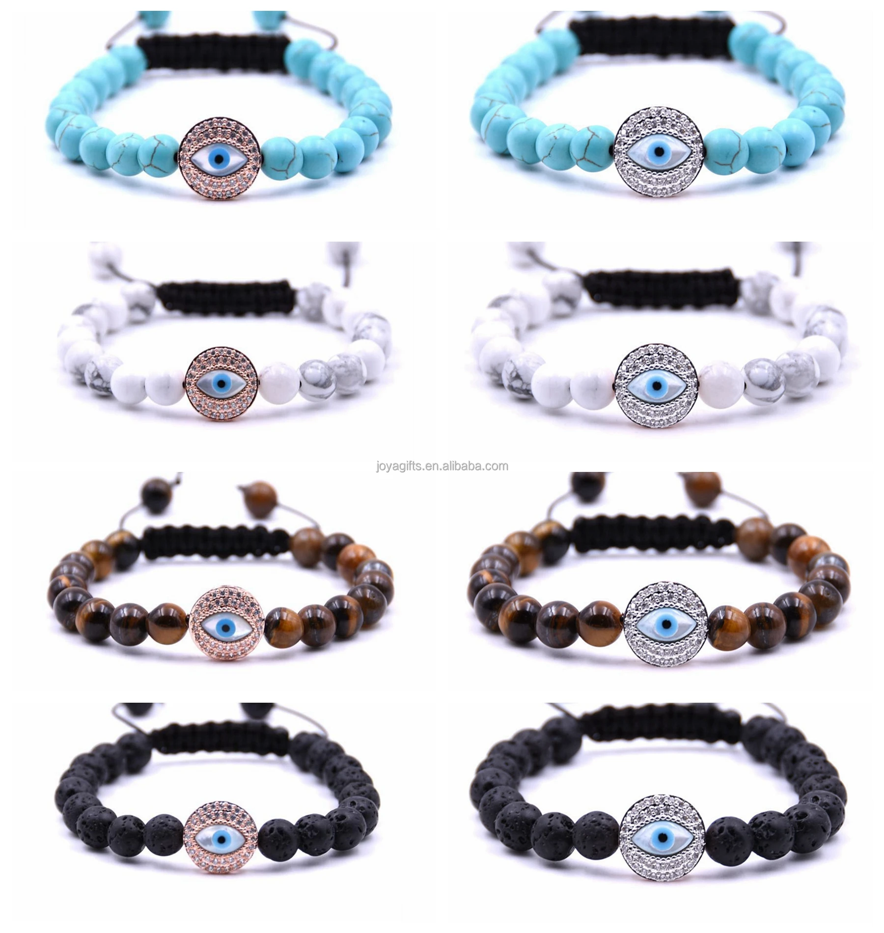 

New style Silver CZ Evil Eye with 8MM blue turquoise round beads woven bracelet for women men charm jewelry, As picture