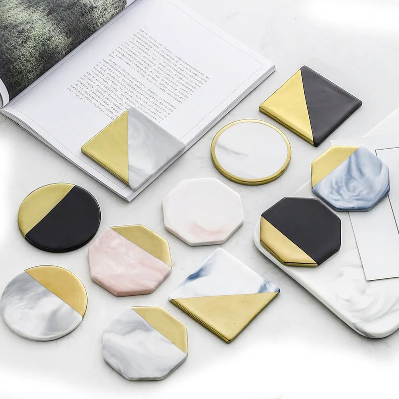 Round and Square Marble Texture Bicolor Coasters with Gold Edge
